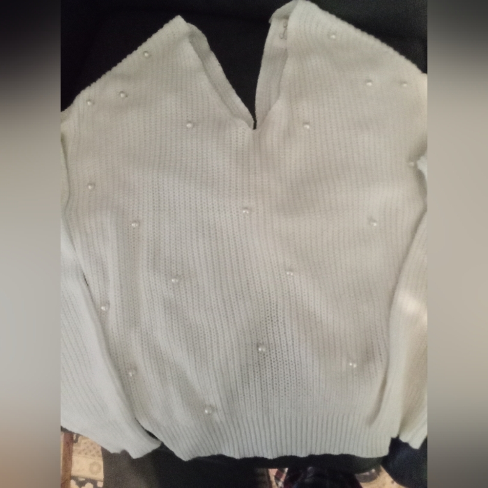 Elegant White Sweater with Pearl Accents